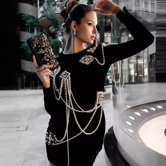 Neck Bead Chain Ornament Knitted Tight Dresses