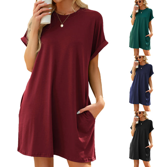 Solid Color Round Neck Pocket Loose Shorts