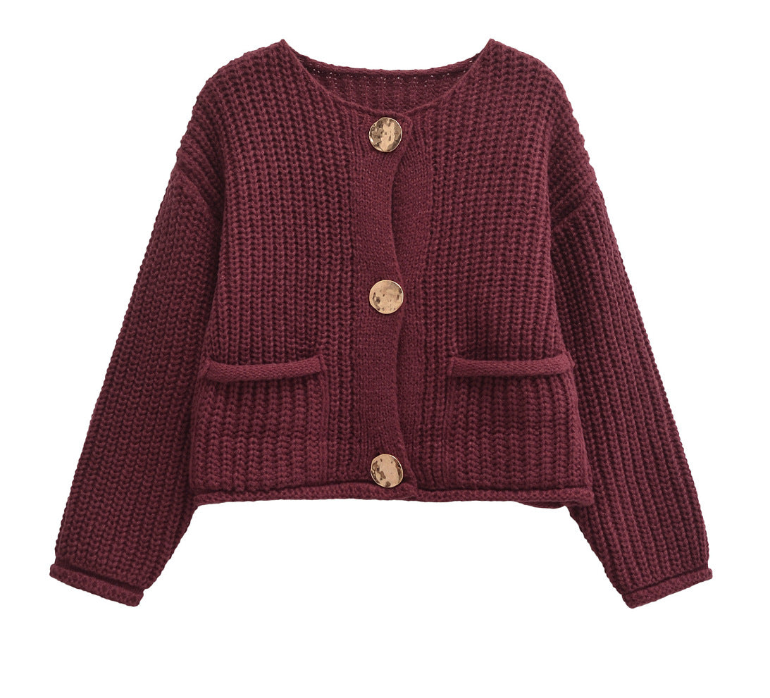 Women's Solid Color Single-breasted Double Pocket Thick Sweaters