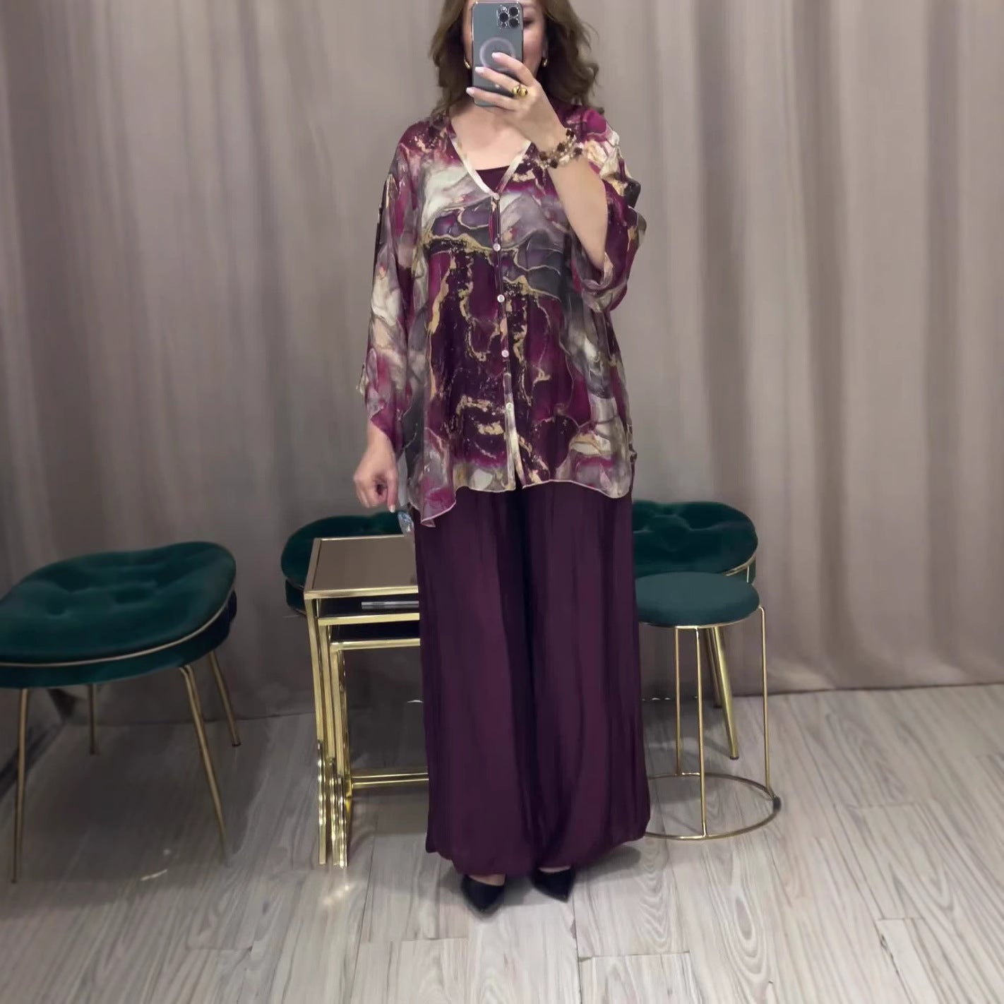 Women's Spring Fashion Printed Shirt Wide Leg Tops