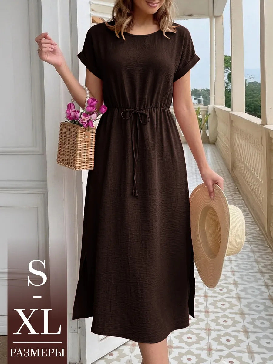 Women's Summer Casual Round Neck Loose Waist Trimming Short-sleeved Dress