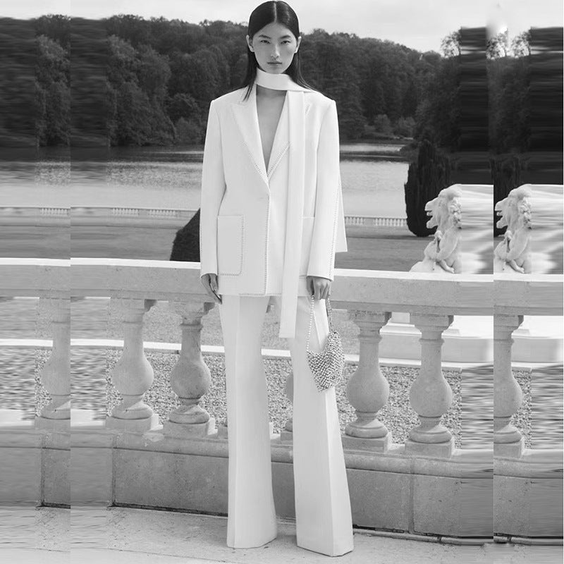 Scarf Rhinestone Loose Trousers Two-piece Set Fashion Casual Suit