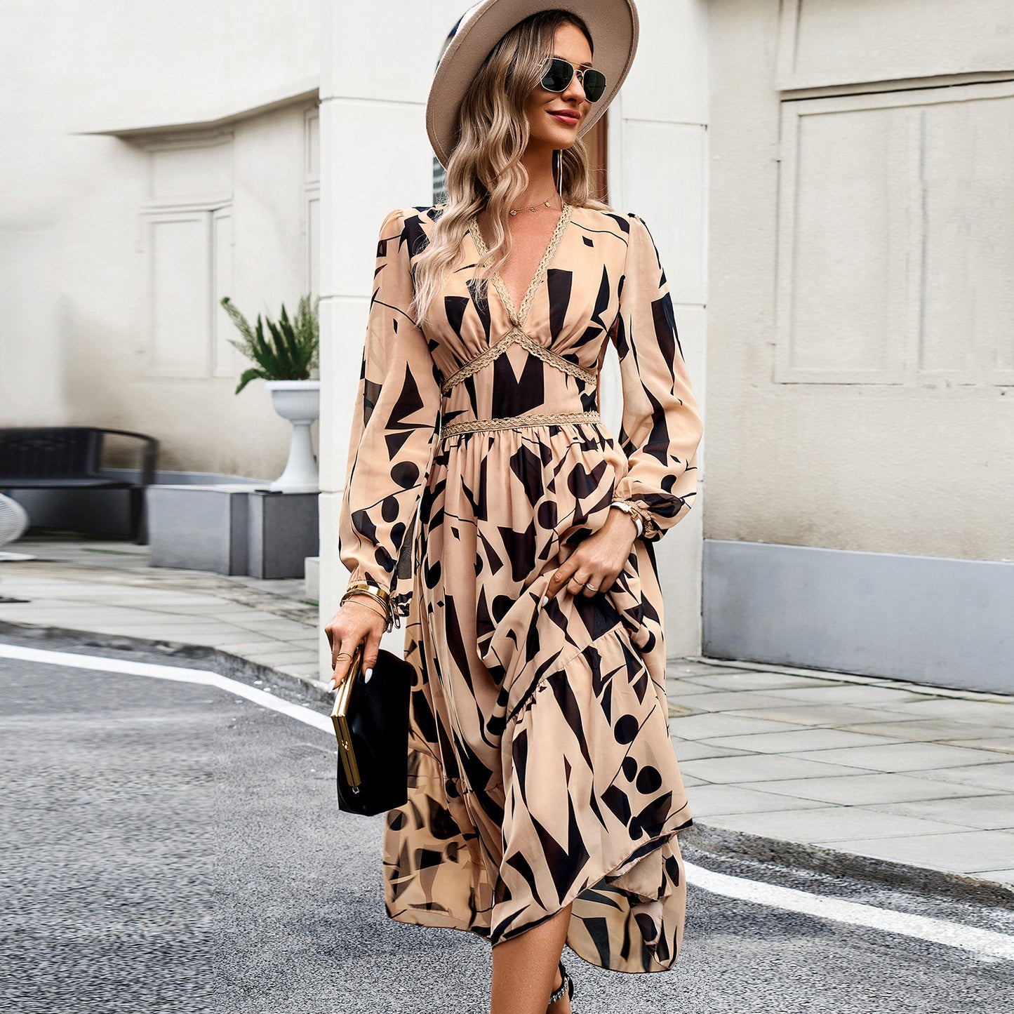 Classy Women's Autumn Vacation Casual Printing Dress