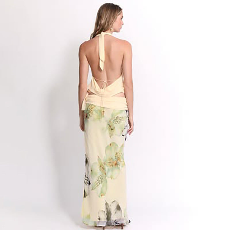Women's Sexy Backless Halter Slim Print Long Suits