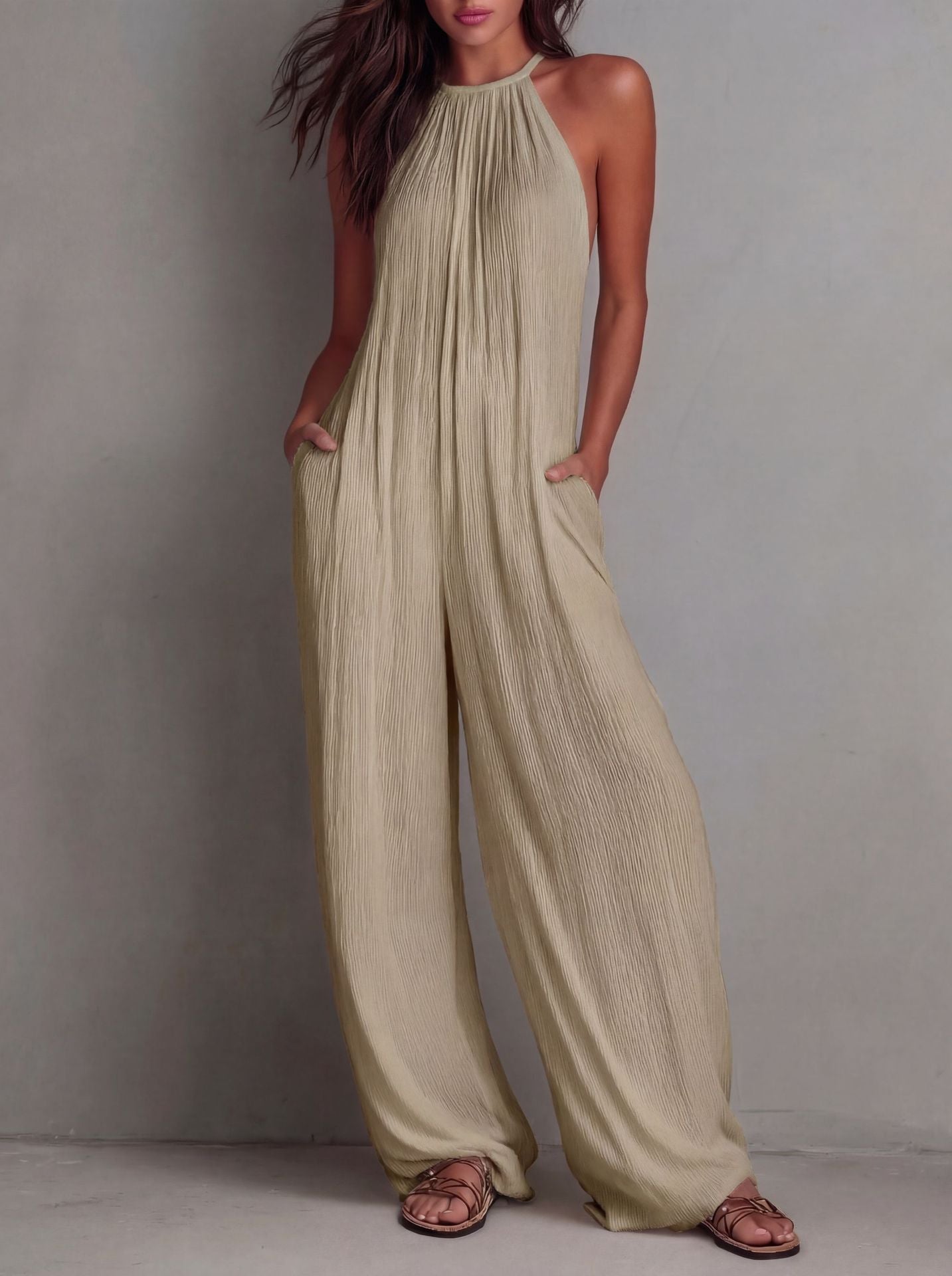 Women's Halter Sleeveless Vacation Style White Pleated Women's Jumpsuit/clothing