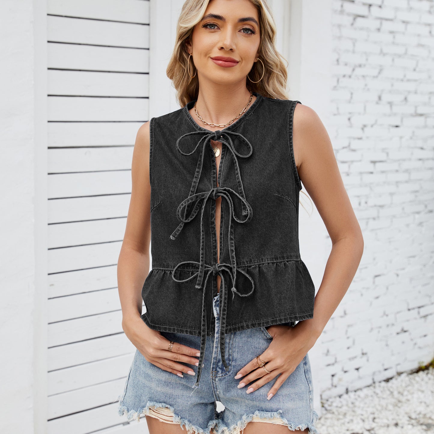Women's Summer Ruffled Tied Denim Waistcoat For Women's Vest