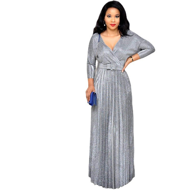 Women's African Wear Fashion Long Sleeve Bronzing Pleated Skirts