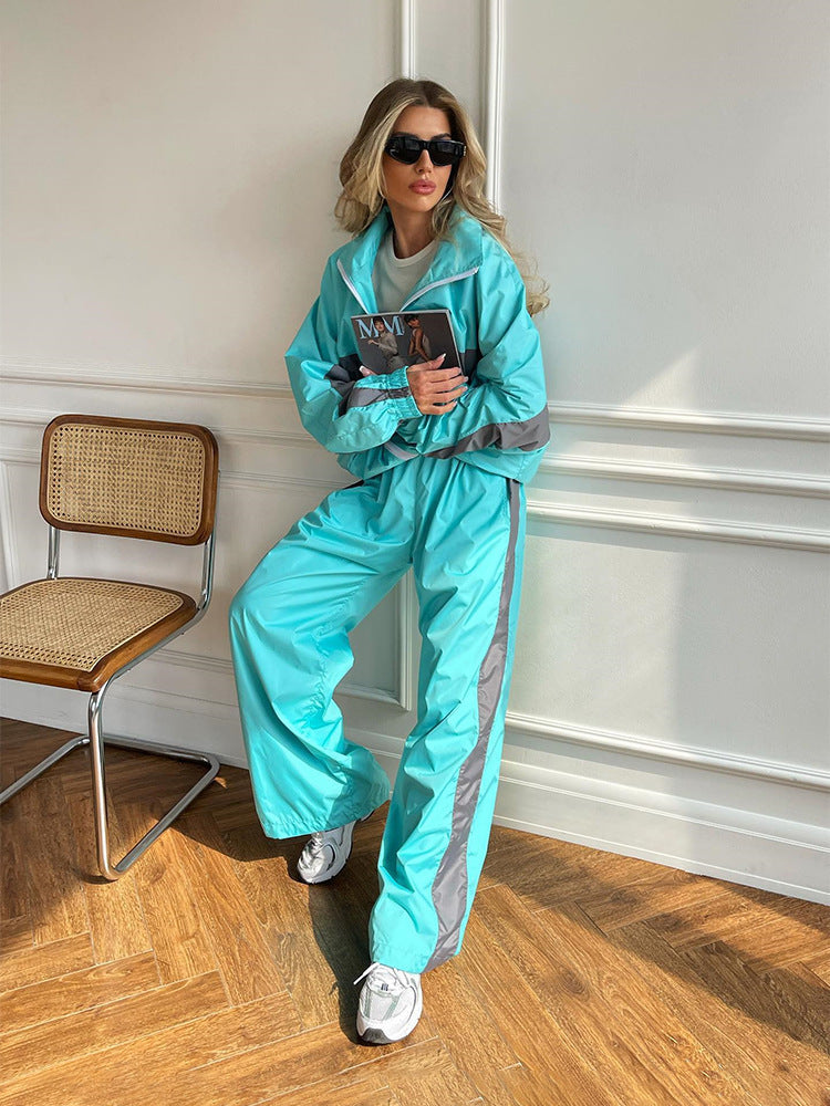 Women's Color Matching Long Sleeve Zipper Contrast Suits