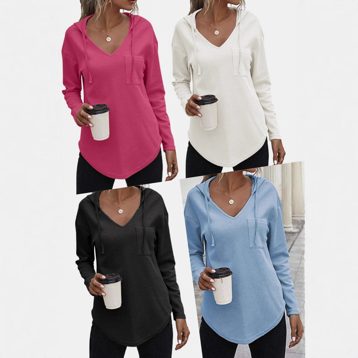 Women's Xi Waffle Casual Fashion Solid Color Hooded Knitted Patch Pocket Blouses