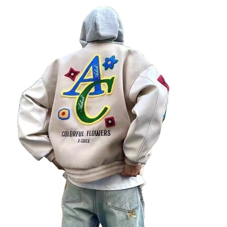 Women's Heavy Loose Stitching Embroidered Letter Baseball Coats