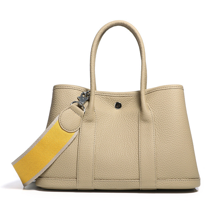 Durable Women's Cowhide Lychee Pattern Wide Handbags