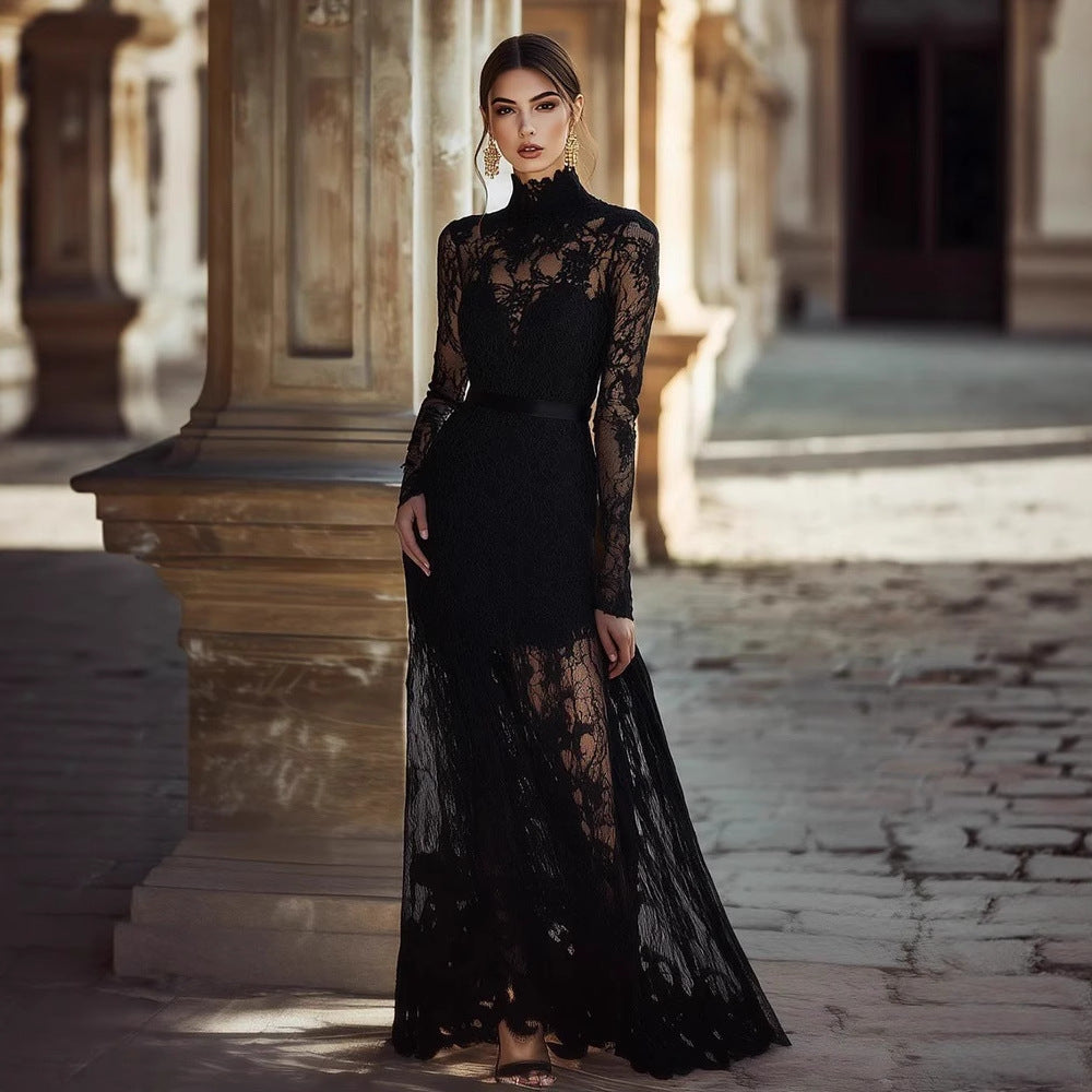 Women's Collar Long Sleeve Lace Swing Waist Slimming Dresses