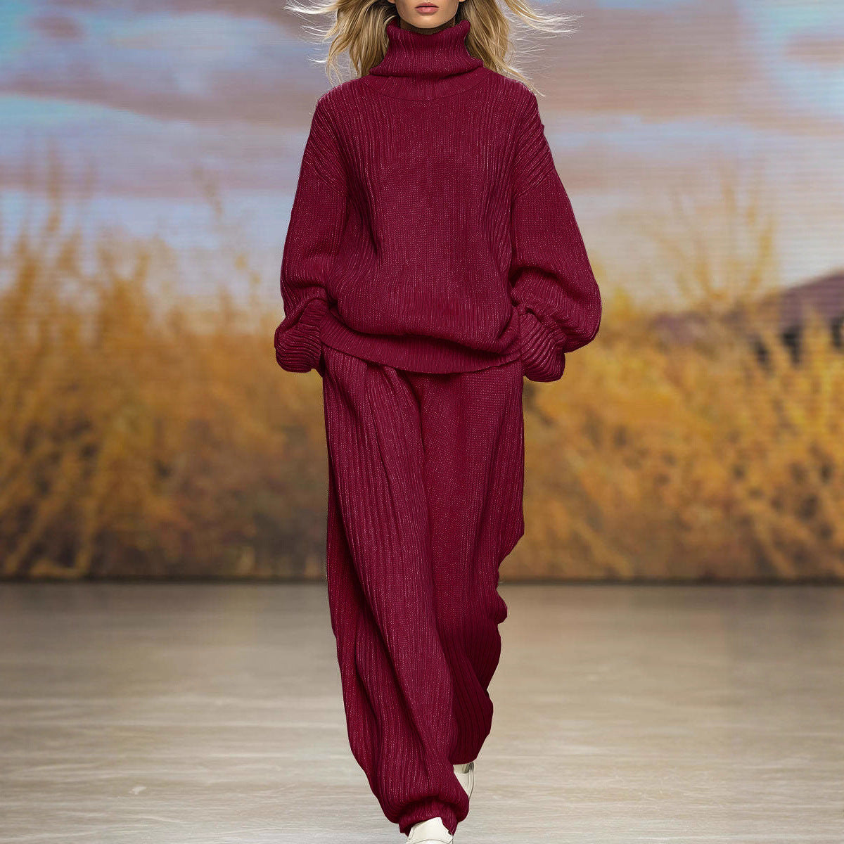 Leisure Knitted Loose Turtleneck Wide Leg Suits
