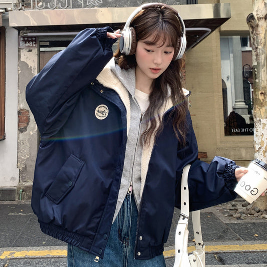 Women's Style Badge Stand Collar Loose Slimming Veet Padded Coats