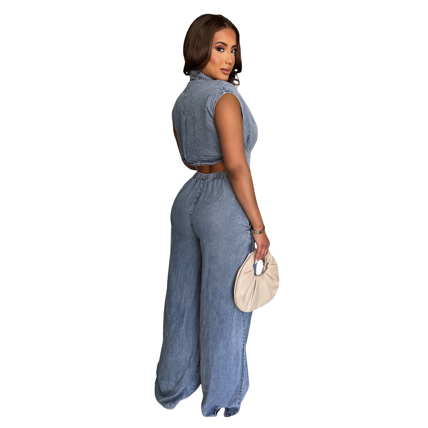 Waist Slim Elastic Washing Denim Straight Jumpsuits