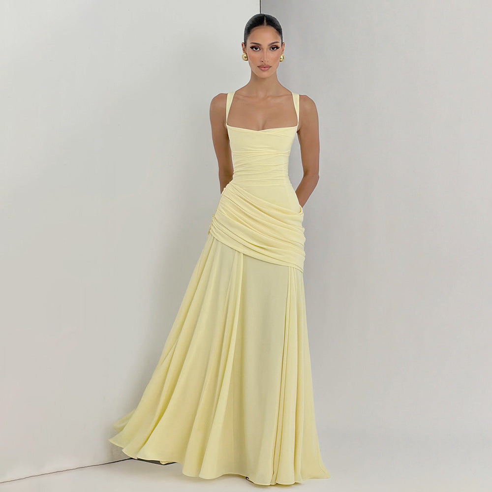 Women's Sexy Solid Color Pleated Low-cut Backless Dress