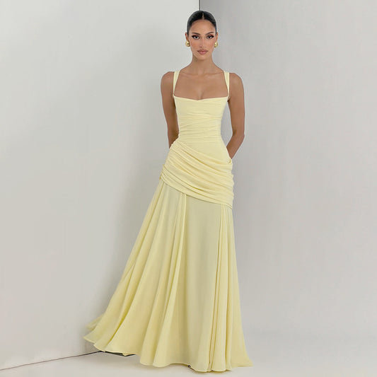 Women's Sexy Solid Color Pleated Low-cut Backless Dress
