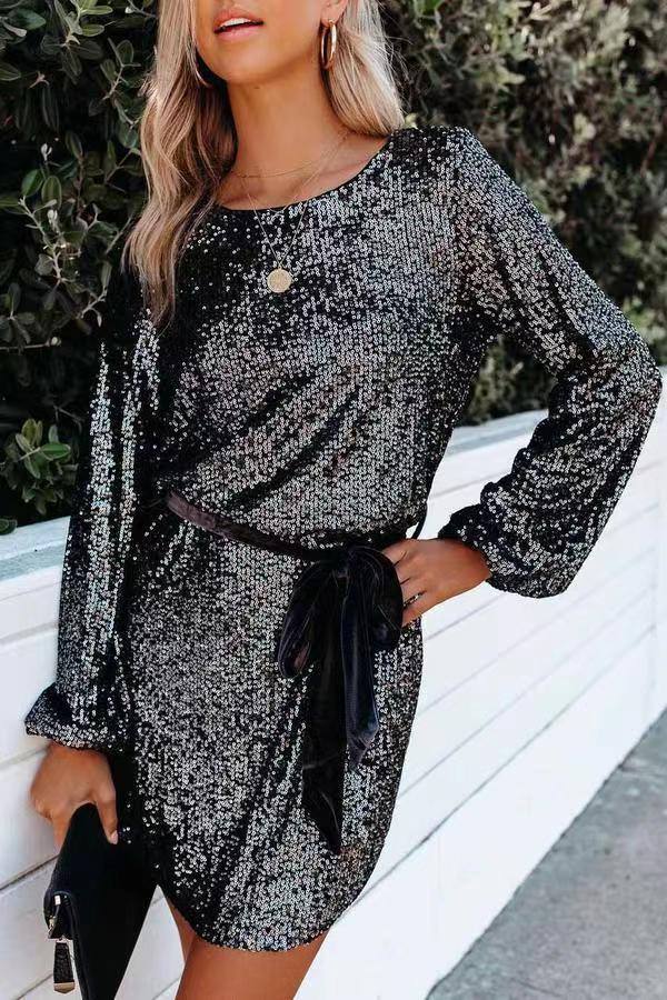 Women's Autumn Lantern Sleeve Round Neck Belt Dresses