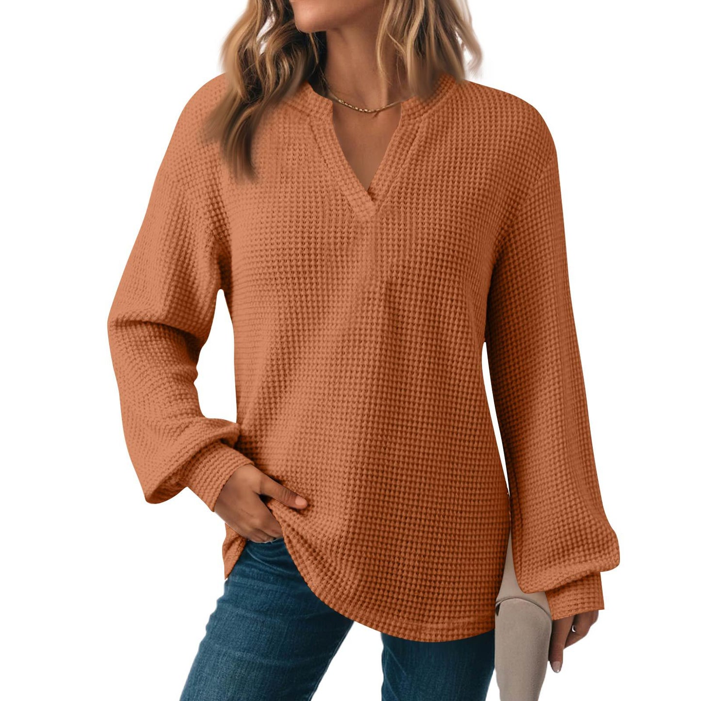 Women's Solid Color Waffle Loose Long Sleeve Women's Sweater, Sweater