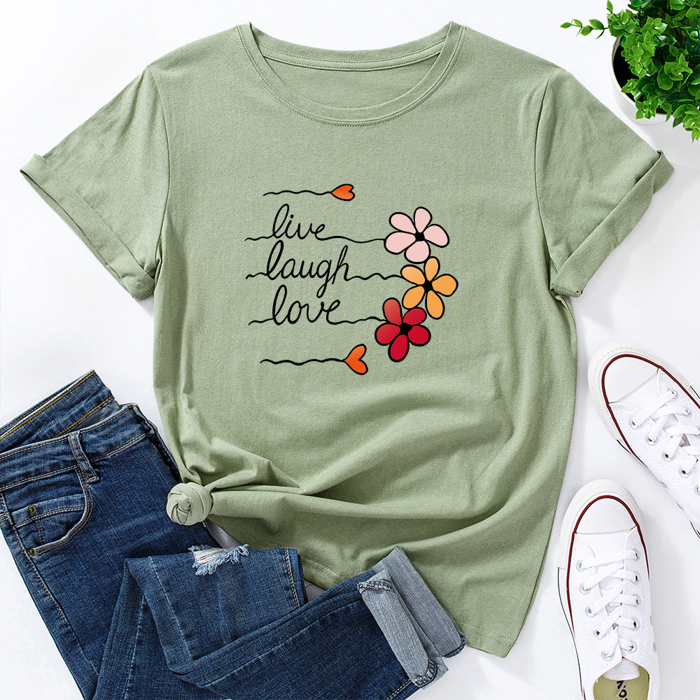 Women's Cotton Loose Round Neck Sleeve Women's T-shirt