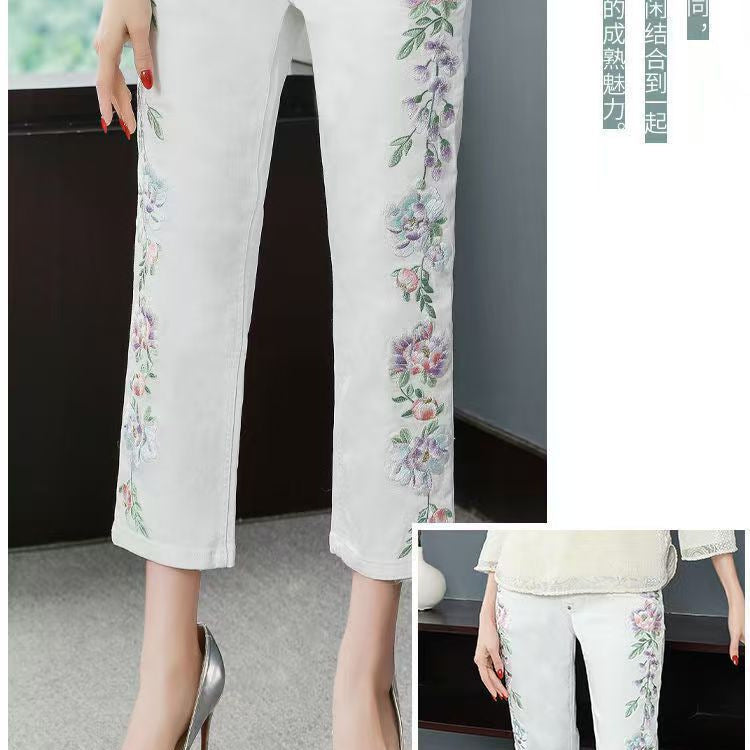 Women's Retro Chinese Style Embroidery Cropped Straight Tang Jeans