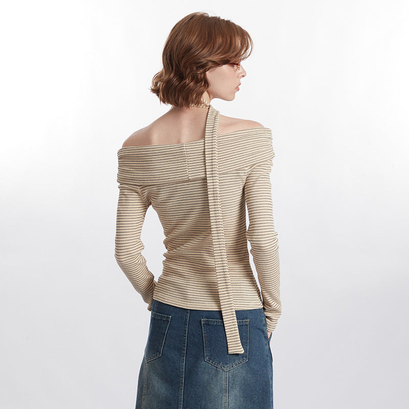 Women's Contrast Color Design Long-sleeved T-shirt Pure Blouses
