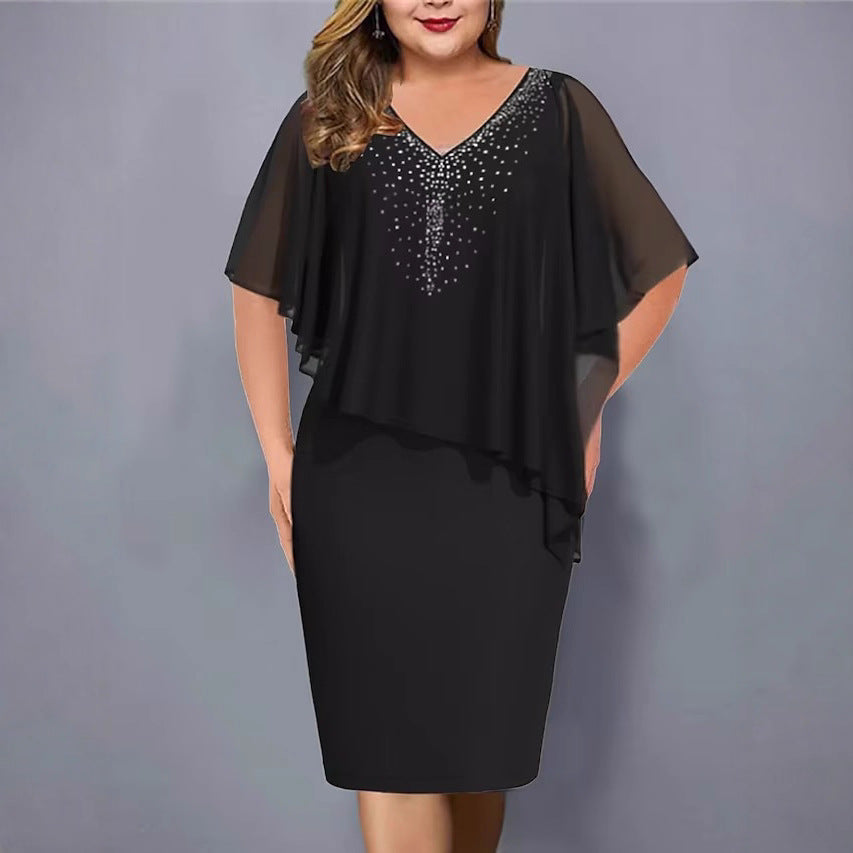 Women's Summer Shawl Chiffon Rhinestone Elegant Banquet Dress