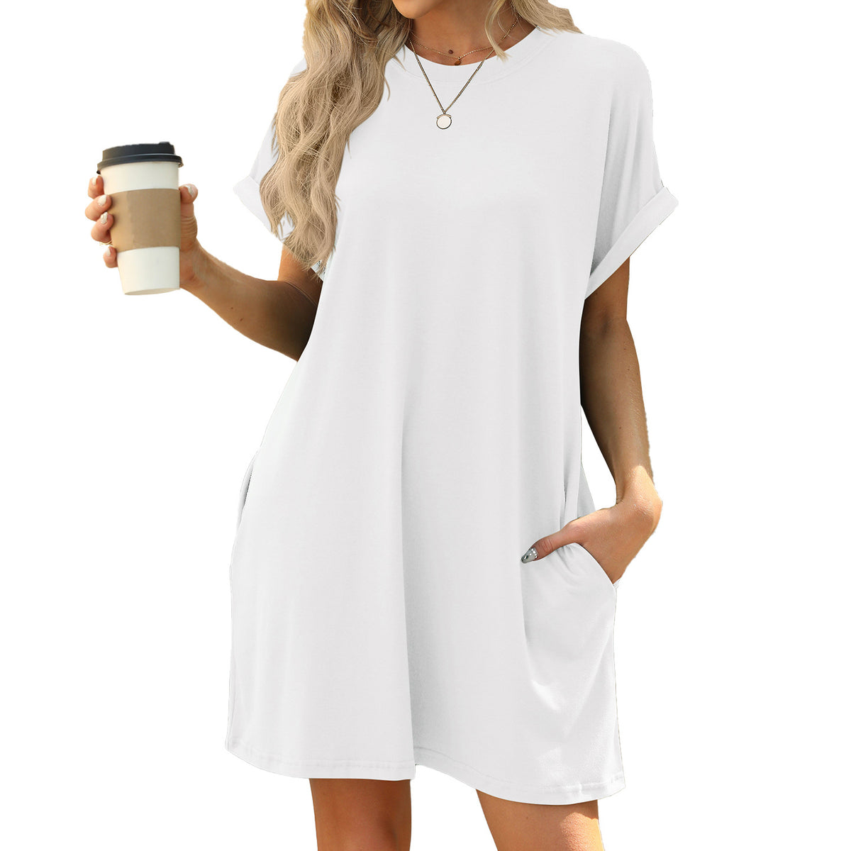 Solid Color Round Neck Pocket Loose Shorts