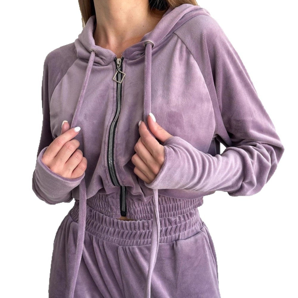 Women's Drawstring Two-piece Knitted Hooded Zip Sweatshirt Fashion Casual Suit