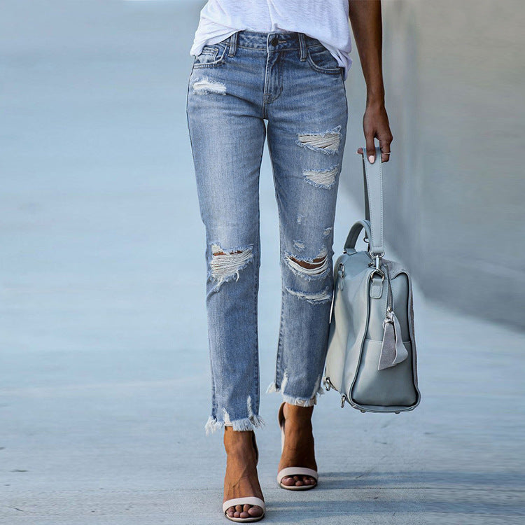 Women's Raw Hem Ripped Slim Fit Slimming Straight Jeans