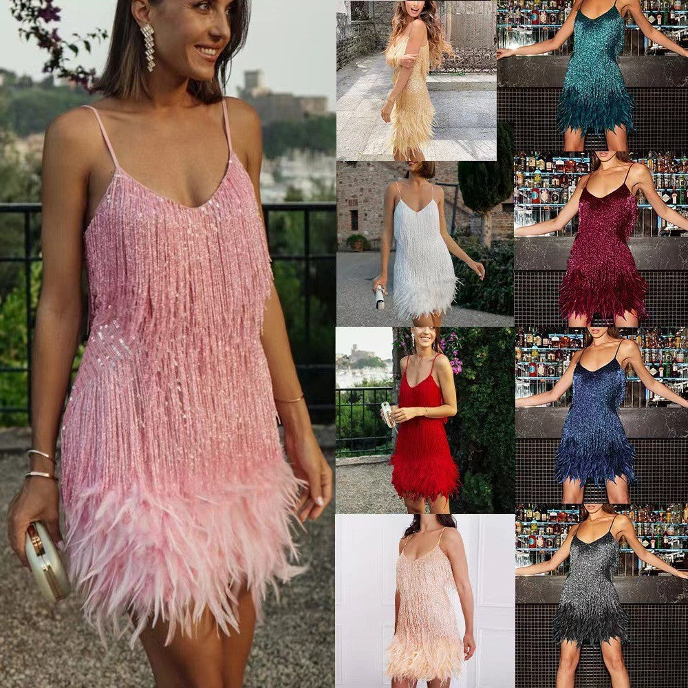 Multicolor Birthday Party Sexy Strap Feather Dresses