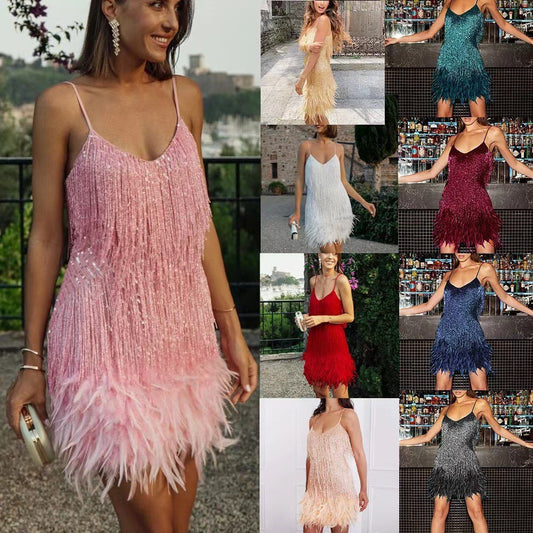 Multicolor Birthday Party Sexy Strap Feather Dresses
