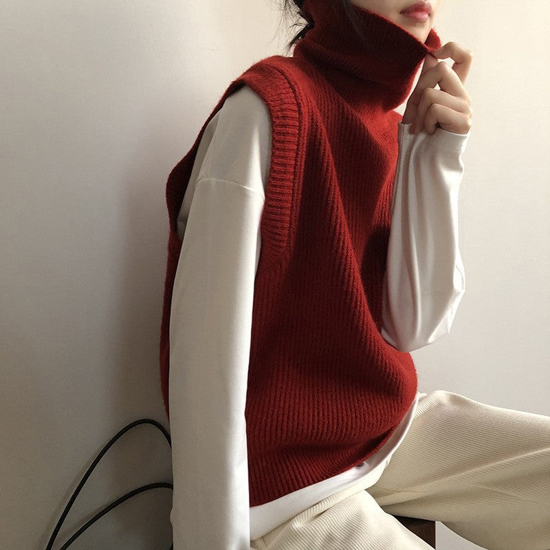 Women's Knitting Waistcoat Turtleneck Solid Color Sleeveless Vests