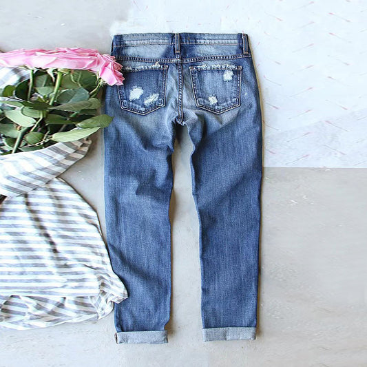 Women's Fashion Holes Printed Patch Straight Women's Jeans