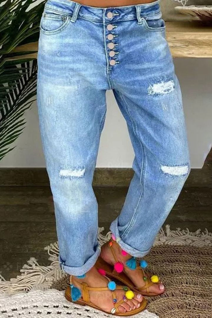 Women's Blue With Holes Loose Washed-out Straight Clothing