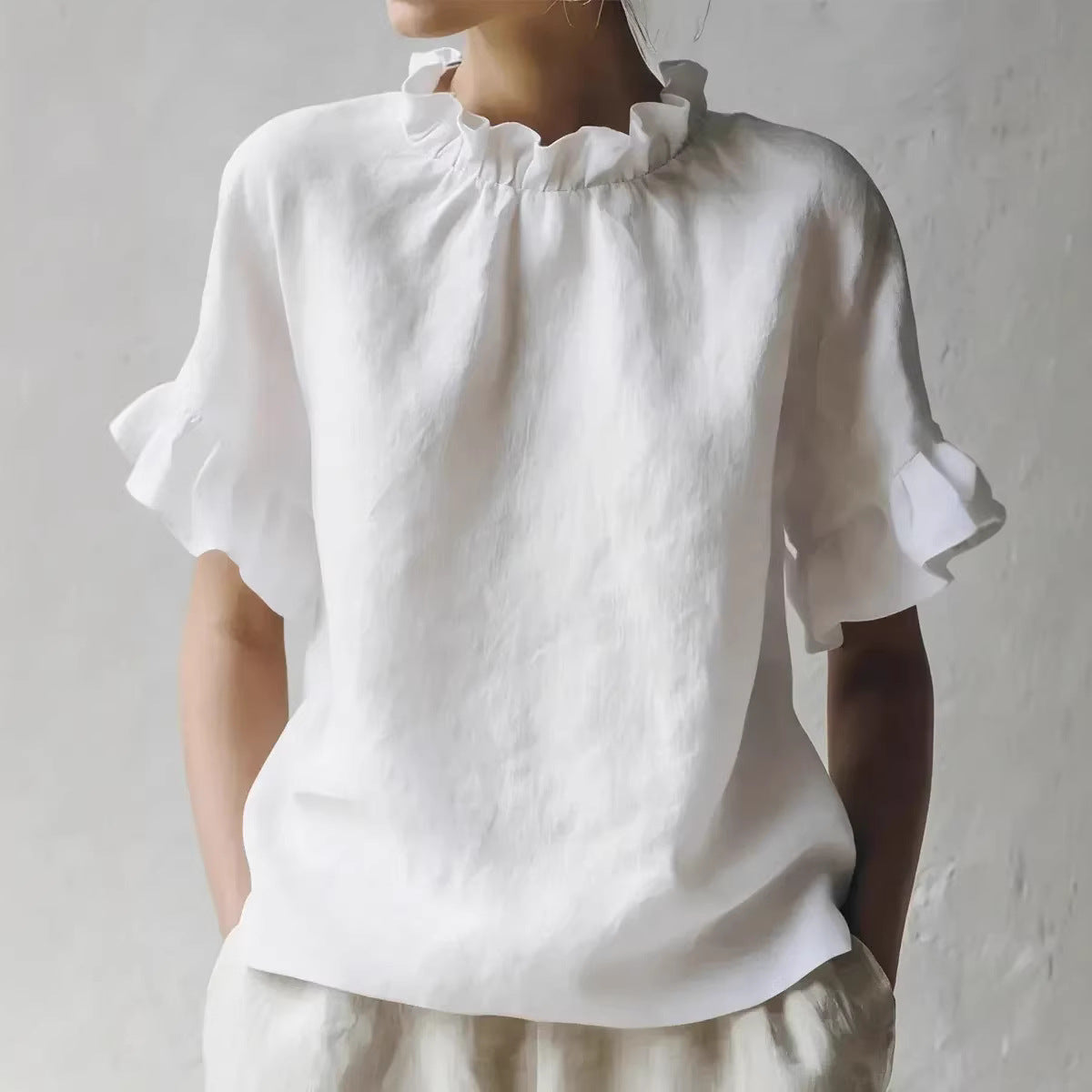 Women's Solid Color Casual Loose Lotus Leaf Short-sleeved Women's T-shirt