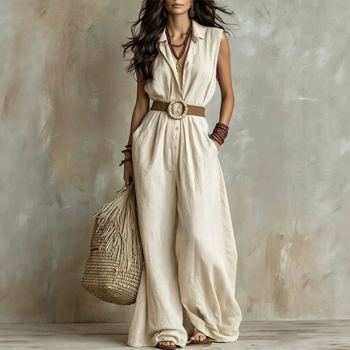 Women's Vacation Style Sleeveless Lapel Waist Tight Slimming Wide Leg Casual Women's Jumpsuit/clothing