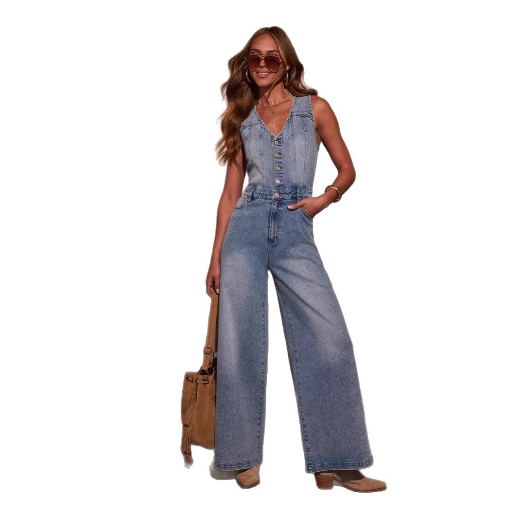 Women's American Summer Casual Sleeveless Denim Trousers Jumpsuits