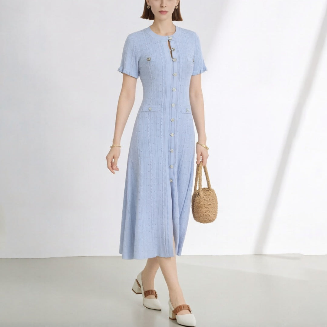 Women's High Quality French Style Temperament Sleeve Hollow Thread Single-breasted Dress