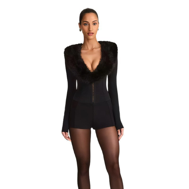 Women's Luxury Fur Collar Sexy Slim Autumn Fashion For Jumpsuits