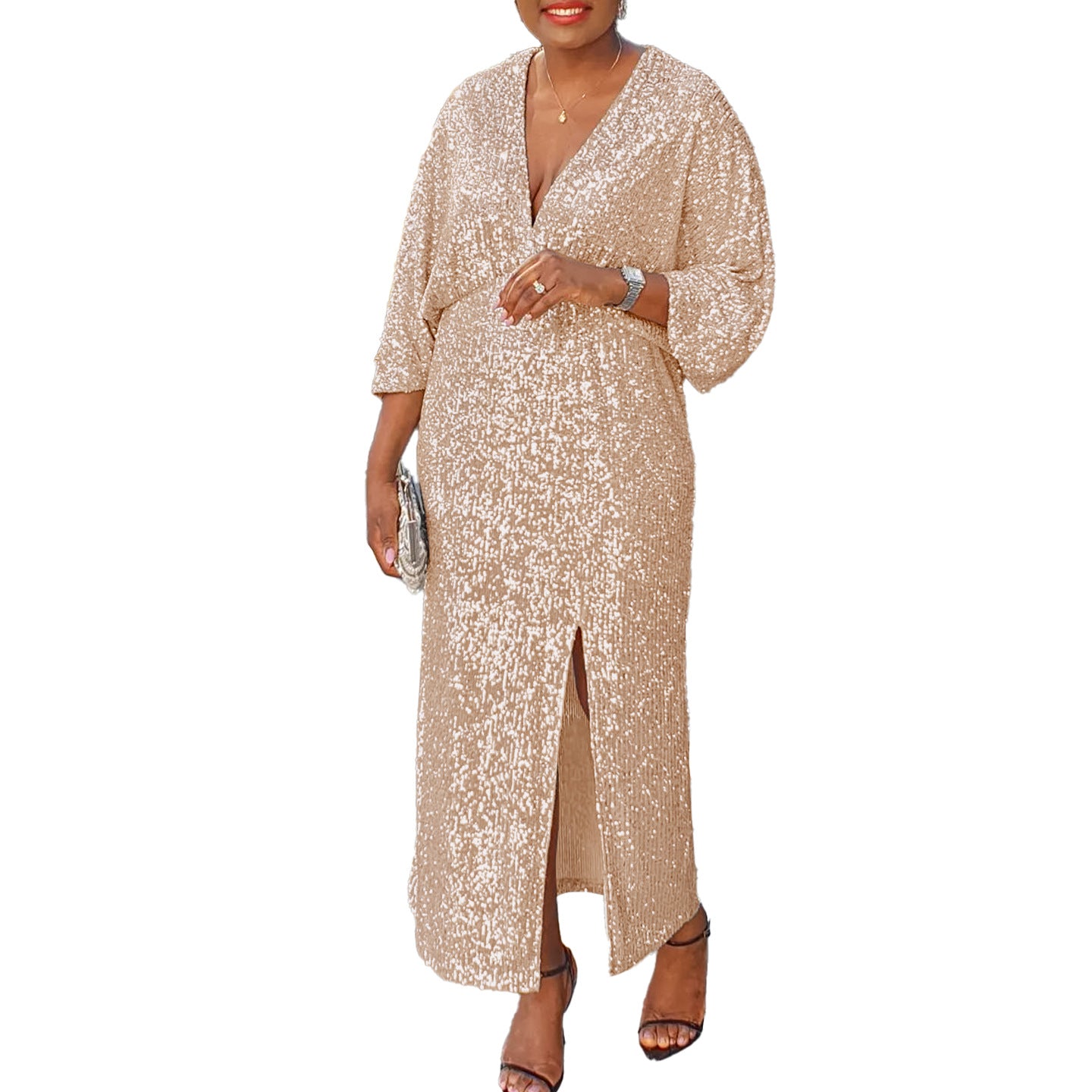 Women's Large Autumn Loose Fashionable Sequins Split Dresses