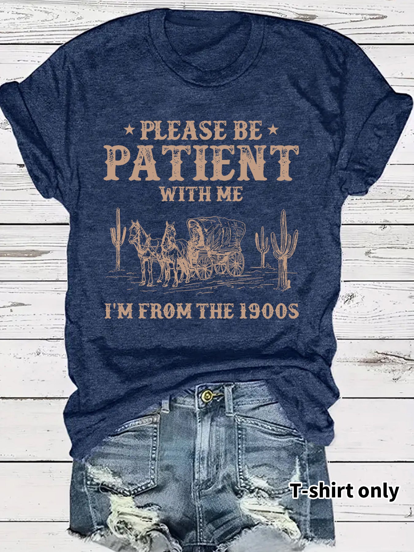 Women's Denim Retro Pattern Round Neck Sleeve Shorts