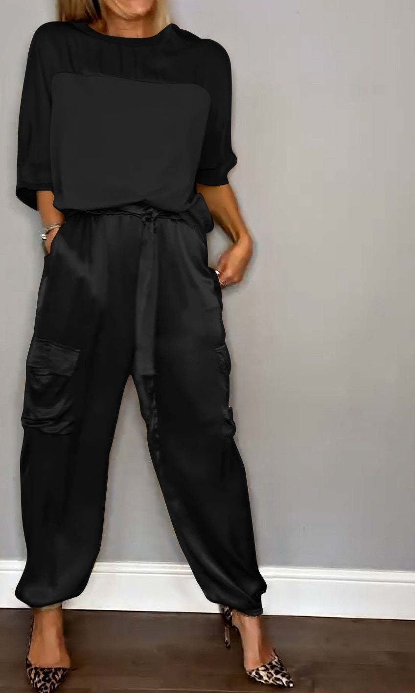Women's Smooth Satin Short-sleeved Casual Two-piece Set Suits