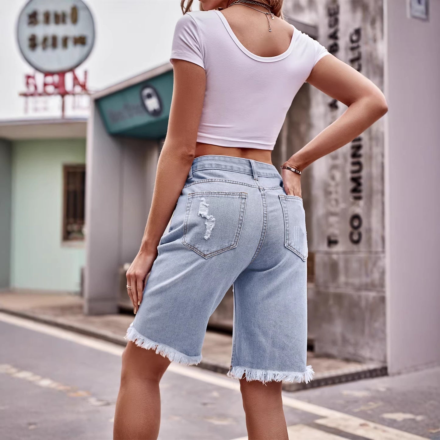 Women's Ripped Slimming Denim Washed Frayed Hem Pants