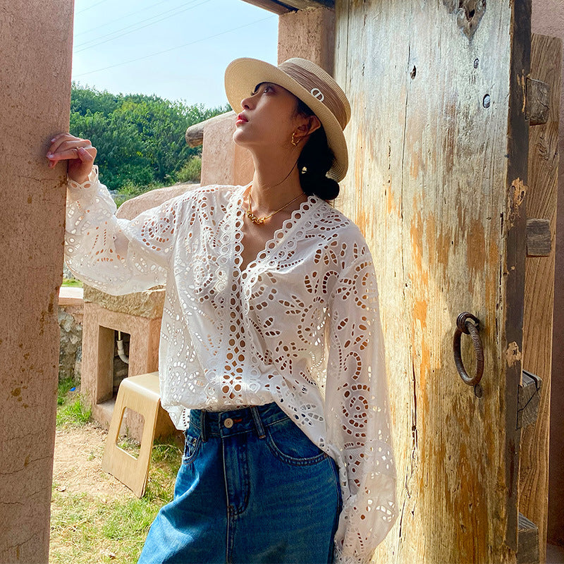 Women's Cotton Embroidered French White Shirt Long Blouses