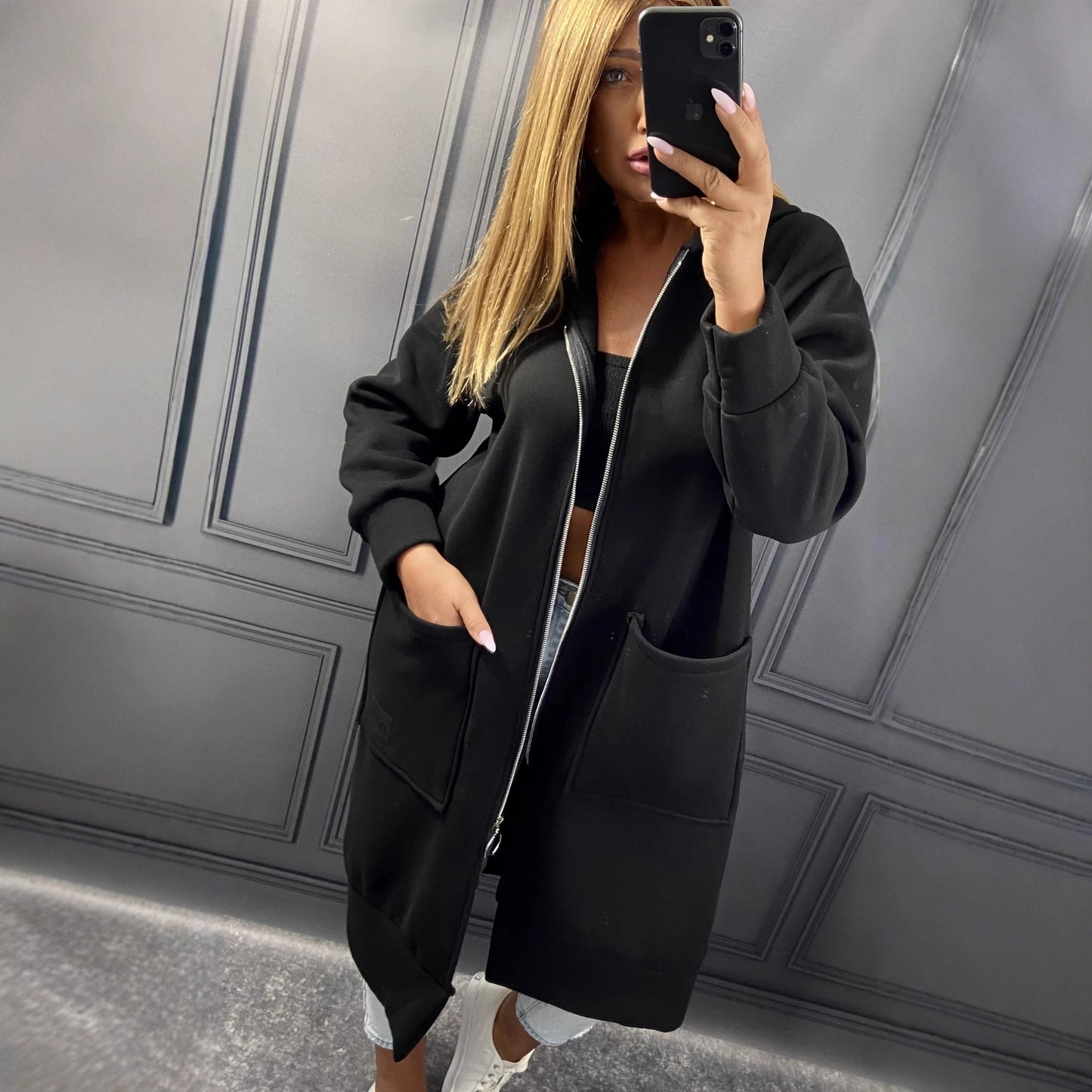 Knit Hooded Dress Brushed Hoody Casual Fashion Large Pocket Women's Sweater, Sweater
