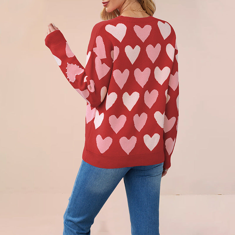 Day Round Neck Handmade Beaded Heart Sweaters