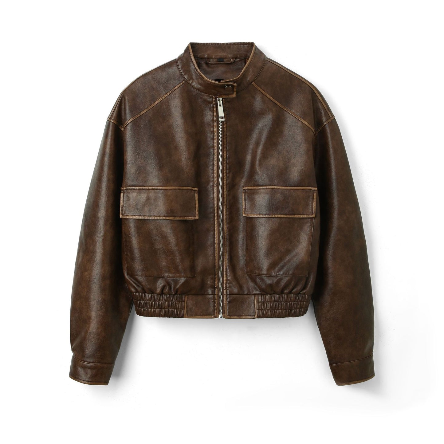 Women's Leather Retro Distressed Loose Cargo Stand Jackets