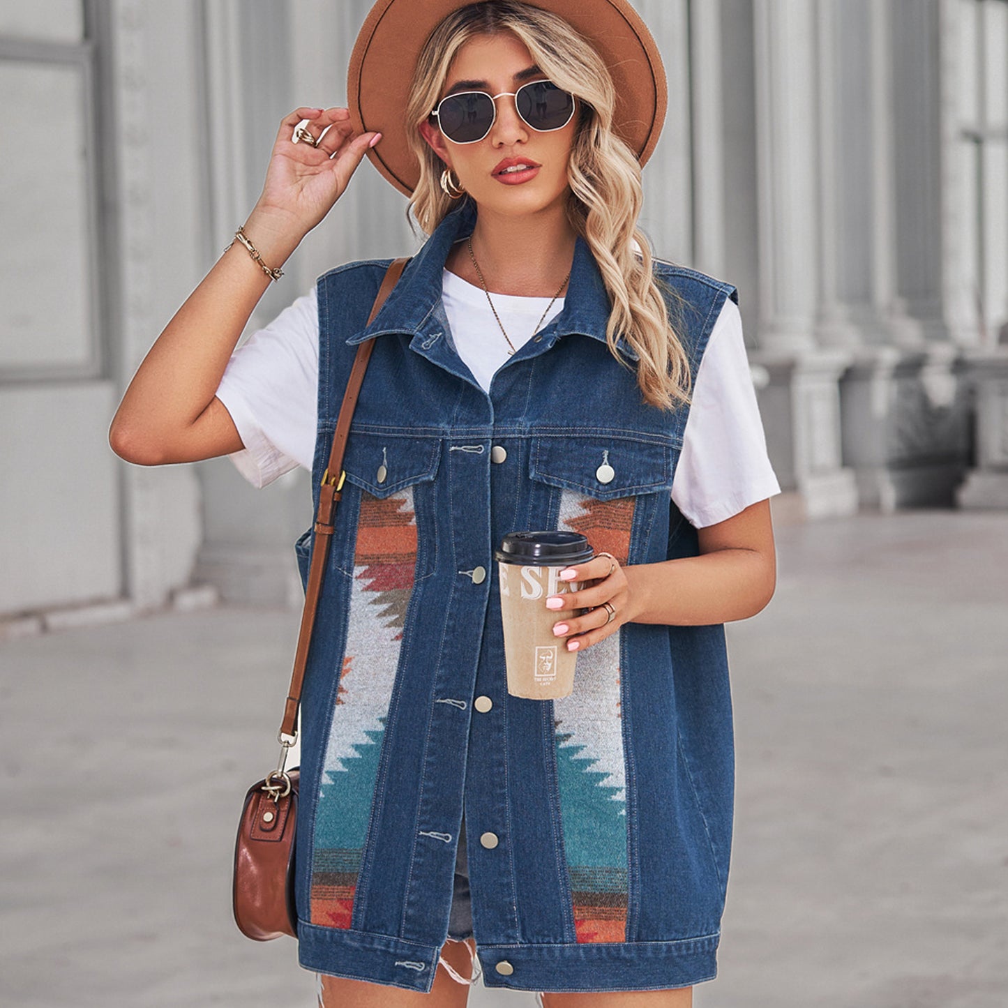 Women's Retro Geometric Denim Color Matching Loose Coats