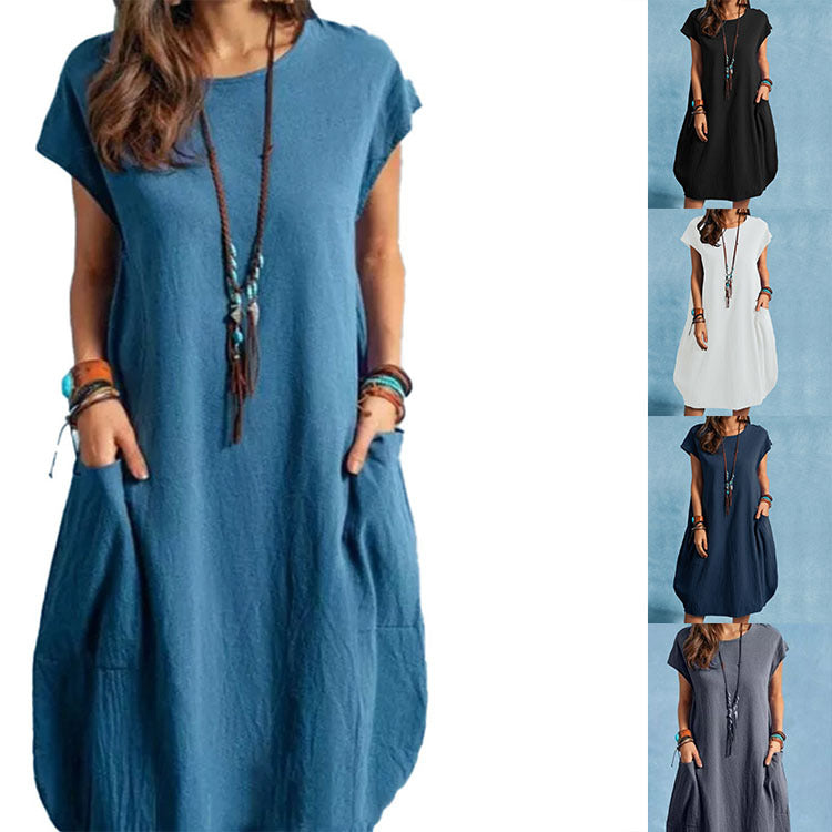 Women's Cotton Linen Loose Casual Solid Color Pocket Dress
